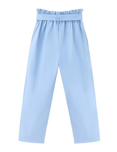 Image of GERU Girls High Waist Belted Paperbag Pants Casual Fit Elastic Tapered Trousers with Pockets 4-12 Years