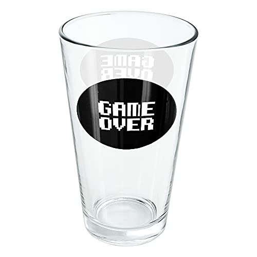 LOGOVISION Game Over Gamer Pixel Font Geek 16 oz Pint Glass, Tempered Glass, Printed Design & A Perfect Fan Gift | Great for Cold Beverages, Soda, Water