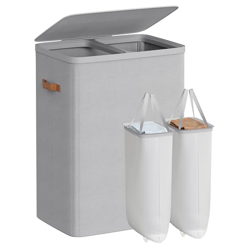 SONGMICS Laundry Basket, 44.9 Gal. Laundry Hamper, 2 Compartments, Easy Assembly, with Lid and Handles, Removable Inner Bags, 22 x 15.7 x 29.5 Inches, Dove Gray ULCB813G01