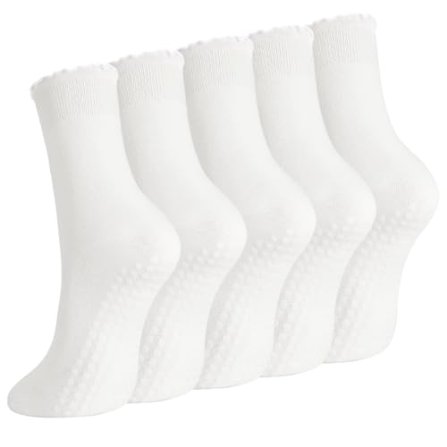 scenicamp Grip Yoga Socks for Women 5 Pairs Non Slip Crew Socks with Ruffle Cuff Soft Stretch Pilates Barre Workout Sock 5 White
