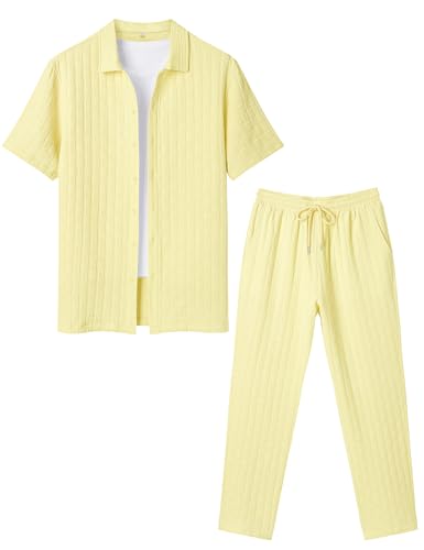 LecGee Mens 2 Piece Outfits Textured Short Sleeve Button Down Shirts and Matching Loose Pants Beach Party Suits2