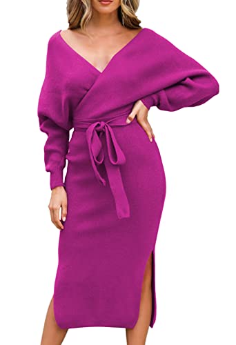 VamJump Women's V Neck Sweater Dress Casual Batwing Sleeve Wrap Front Backless Tie Waist Bodycon Dress