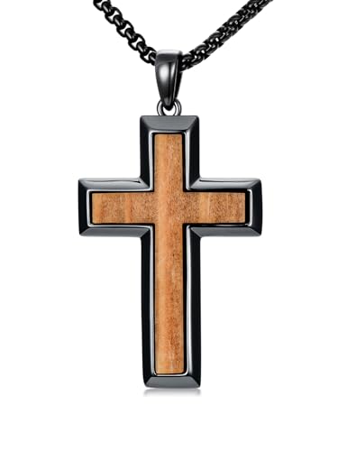 Wooden Cross Necklace for Men 925 Sterling Silver Orthodox/Jesus Cross/Fish Hook Necklace Christian Jewelry Meaningful Religious Gifts for Men