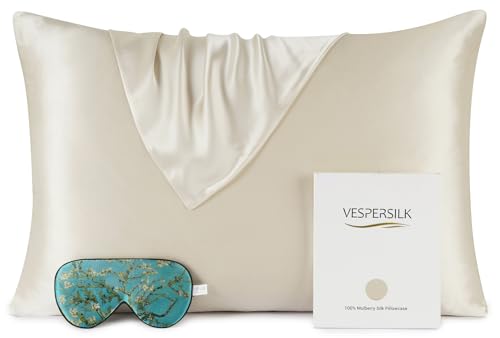 Vespersilk 100% Mulberry Silk Pillowcase & Eye Mask Set for Hair and Skin Health 19 Momme Grade 6A Organic Silk Both Sides