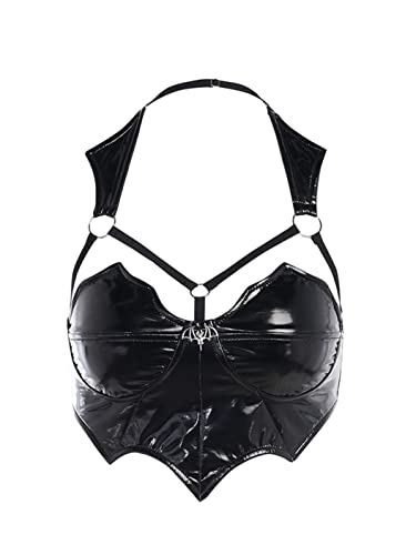 Twfsgirl Corpete de couro preto gótico para mulheres, Sexy Gothic Punk Brami Emo Alt Camisole, M