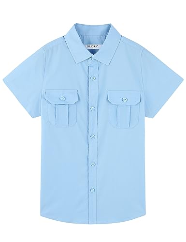 Chemise d'école à manches courtes pour garçon tissée avec deux poches, bleu clair, 7-8 ans