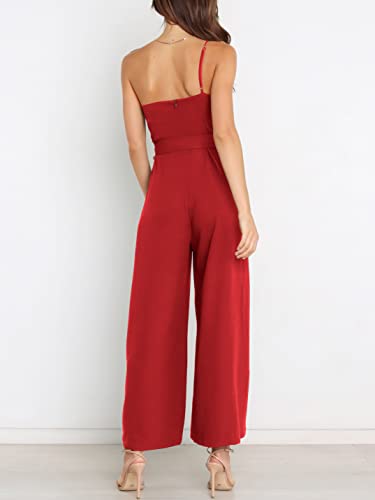 Anrabess Women's Summer Dressy One Shoulder Sleeveless Tie Waist Backless Casual Wide Leg Jumpsuit Rompers Pockets 562Hong-S #TOP2