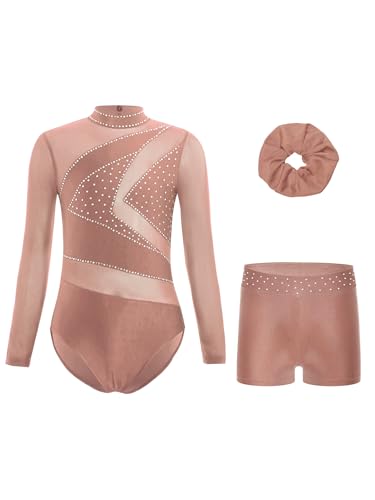 [Moggemol] Kids Girls Gymnastics Leotard Long Sleeve Sparkly Dance Biketard With Shorts Hairband Ballet Tumbling Outfit _XeBsN 