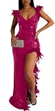 ENOPINK Sexy Feather Sequin Prom Dreses for Women 2024 High Slit Formal Party Evening Gowns Rose S