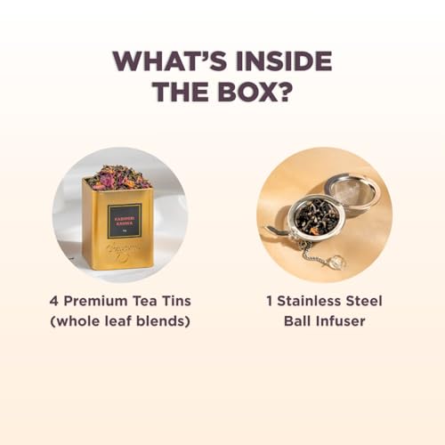 Image of CHAYAM Tea Tranquility Gift Set | 4 Loose Leaf Blends & Stainless Steel Infuser, 250g | Kashmiri Kahwa, Masala Chai, Himalayan Green, Ginger Lemongrass | Wellness Tea Gift Box for All Occasions, Corporate Gifting & for Foreigners
