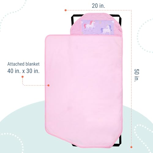 Image of Wildkin Modern Kids Nap Mat with Pillow for Girls - Soft & Cozy Cotton Blend, Elastic Straps, Toddler Sleep Mat for Daycare, Preschool, Kindergarten & Travel, Ages 3-7, Machine Washable - Unicorn
