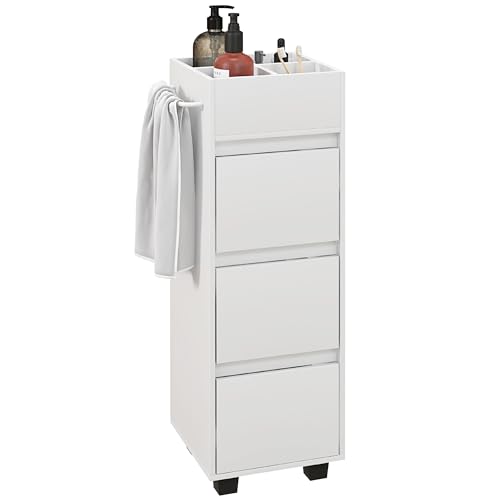 HOMCOM Meuble de Salle de Bain Meuble de Rangement avec 4 Compartiments sur Le Dessus, 3 tiroirs et Porte-Serviettes pour Les espaces étroits, 35 x 30 x 90cm,...