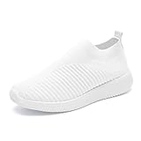 Toumov Women's Lightweight Walking Shoes Knit Slip On Mesh Comfortable Sneaker Casual Sports Work Shoes Non-Slip Gym Workout Mesh Casual Sock Trainers Fashion Tennis Sneakers White