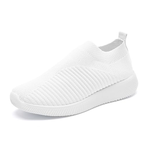 Toumov Women's Lightweight Walking Shoes Knit Slip On Mesh Comfortable Sneaker Casual Sports Work Shoes Non-Slip Gym Workout Mesh Casual Sock Trainers Fashion Tennis Sneakers White