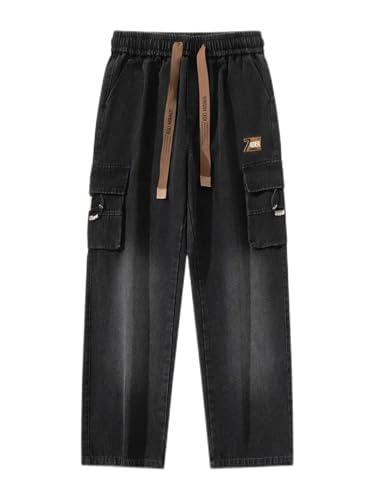 Men's Cargo Jeans Loose Wide Leg Straight Denim Pants Casual Baggy Cowboy Trouser