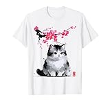 日本の墨絵マンチキン猫 桜 桜アート Tシャツ