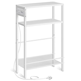 HOOBRO Slim Side Table with Charging Station, Narrow Bedside Table for Small Spaces, 3-Tier End Table with USB Ports and Power Outlet, White EWW102KBZ01