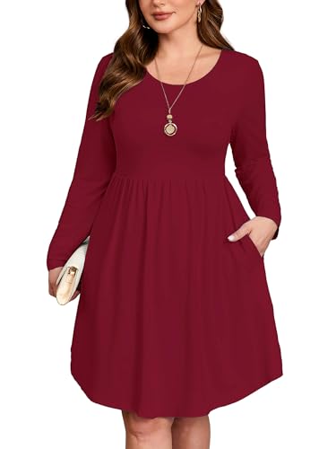 Image of AusLook Women's Plus Size Long Sleeve Midi Dress Casual Empire Waist Loose Flowy Dresses A-Line Boho Long Dress with Pockets