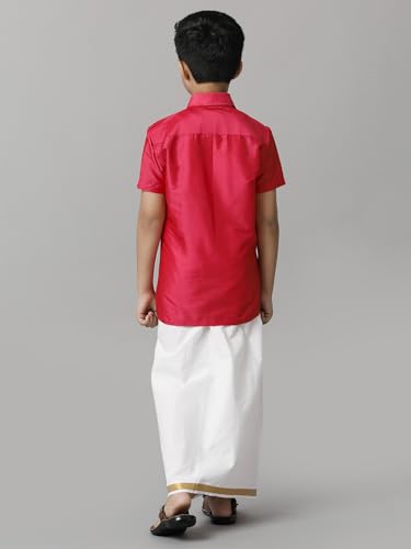 Image of RAMRAJ COTTON Boys Silk Cotton Shirt With Adjustable Cream Dhoti Perfect For Ceremonies| Festivals| And Special Occasions