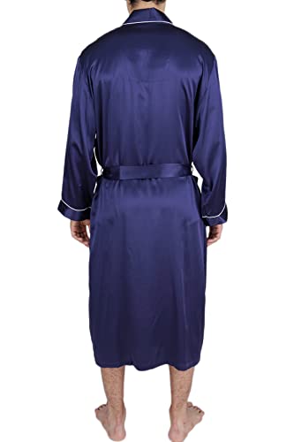 Oscar Rossa Men's Luxury Silk Sleepwear 100% Silk Long Robe Kimono, Midnight Blue #TOP1