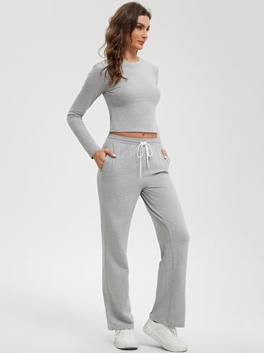 Women's 2 Piece Lounge Sets Cotton Long Sleeve Crop T Shirt Straight Leg Pants Set Casual Outfits Comfy Loungewear4