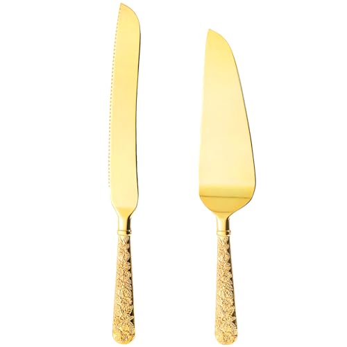 Dicunoy 2 PCS Gold Cake Knife and Server Set, Wedding Cake Cutting Utensils, Vintage Engraved Birthday Cake Knife, Cake Cutter and Serving Spatula for Birthday, Party, Anniversary - Image 4