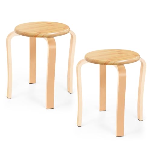 Wood Stools, Set of 2 Wooden Stackable Stool Extra Seating for Kids, Guests, Portable Round 16.5-Inch, Counter Height Stools for Living Room, Backyard, Classroom, Kitchen, Pland Stand, Apartment