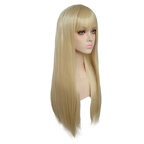 MIVAIUN Blonde Perücken für Frauen Cosplay Perücke, Lange Gerade Flache Pony Kunsthaar Hitzebeständiges Faserhaar, 70 cm, Fashion Glamourös Haarteil, für Themenparty, Karneval, Mottoparty (Blond)