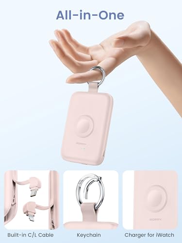 Image of RORRY CharmGo Portable Charger, 10000mAh 20W Fast Charging Portable Charger Power Bank with Built in Cables, Travel Battery Pack for iPhone 17 /16 /15 /14 /13 /12 and Apple Watch, Pink