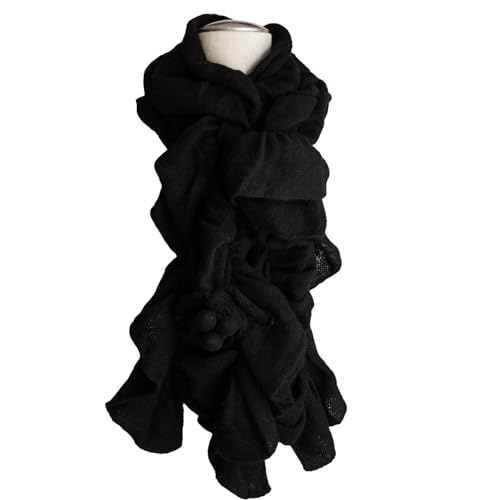 Ruched Wool/Angora Knit stretchable Cold Weather Fashion Scarf with stitched Flower Black2