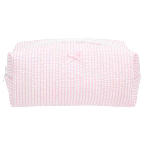 Cozy Makeup Bag Travel Cosmetic Bag for Women Soft Toiletry Bag Aesthetic Makeup Organizer Portable Large Zipper Pouch for Skincare Beauty Accessories Brushes Stripe Pink