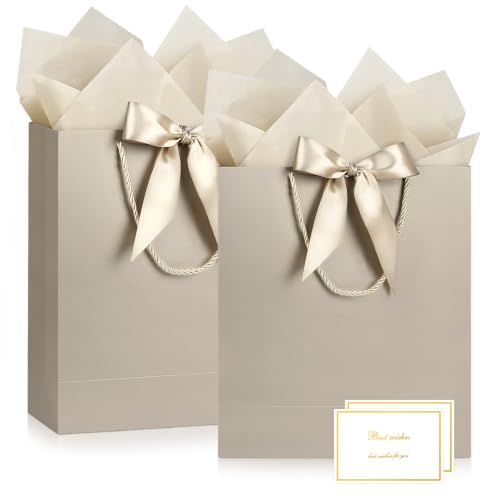 Image of JMANNI Gift Bag, 2PCS Gift Bags with Ribbon and 2 Greeting Cards 4 Tissue Paper, Portable Paper Gift Bag with Handles, Birthday Gift Bags,Present Bags for Wedding Party Mothers Day(Champagne)