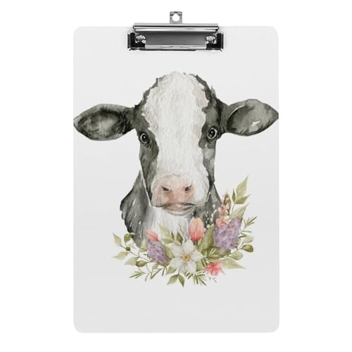 Planchette à pince A4 au design vache et fleurs avec clip métal
