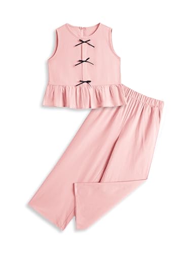 Image of Girls' Clothing Sets Sleeveless Bow Crop Top Wide Leg Linen Pants 2026 Summer Outfits Cute Kids Clothes