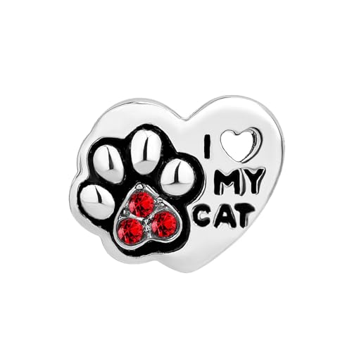 FGT Abalorio de corazón con texto en inglés 'I Love My Dog' y gato, compatible con pulseras Pandora, cachorros, gatitos, huellas de patas, circonitas cúbicas rojas y transparentes, talla única, Cobre