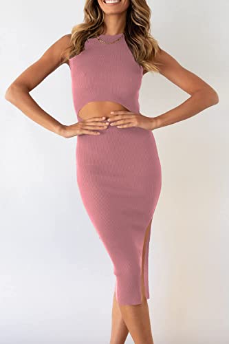Image of PRETTYGARDEN Women's Summer Midi Bodycon Dresses Casual Crew Neck Side Slit Sleeveless Knit Cut Out Tank Top Dress