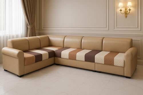 Image of Brown Stripes Quilted Velvet L-Shape Sofa Cover - L-Shape 7-Seater (4+3) - Rich Brown Palette - Made in India - Durable Daily Use - Premium Touch - Non-Fading Color - Soft Quilted Velvet