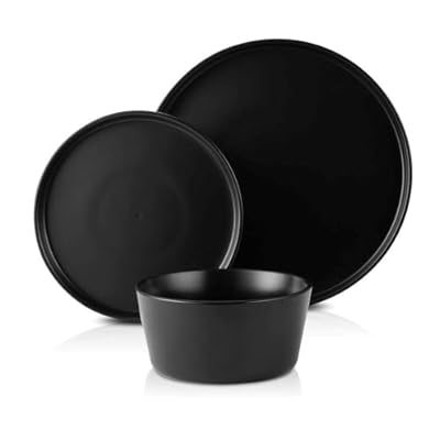 Asian Style Round 24 Piece Stoneware Dinnerware Set for 8 With Unique Lipped Edges Matte Glaze Finish | Pretty Jet Black Color Durable Dishwasher Microwave Safe