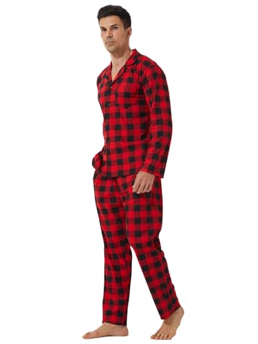 LANBAOSI Mens Pajama Set Button Down Long Sleeve Lounge Shirts Pants Sleepwear Soft Plaid Pjs Set with Pockets2