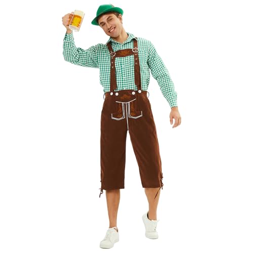 Feynman Costume Homme Oktoberfest - Pantalon Bavarois Brodé Traditionnel (Noir/Marron) + Chemise Tyrolienne (Rouge/Vert/Noir) - Tenue Allemande Style Cuir...