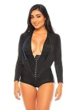 MALÚ Long Sleeve Swimsuit with Colombian Girdle and Round Neck - for Women Adjustable Reduces Waist and Enhances Buttocks L Black