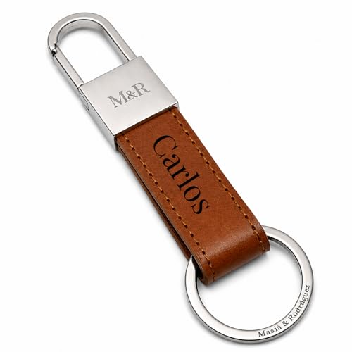 M&R Llavero Personalizado de Cuero – Grabado Láser con Nombre o Iniciales – Llavero Elegante para Hombre y Mujer – Caja Regalo Incluida – Acero Inoxidable (marrón/plata)