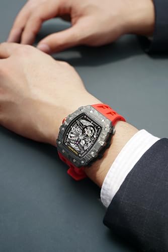 Image of TSAR BOMBA Men's Automatic Watch Tonneau Luxury Skeleton Watches for Men Mechanical 50M Waterproof Analogue Watches Mens Unique Cool Square Big Face Dial Wristwatch with Silicone Strap Band
