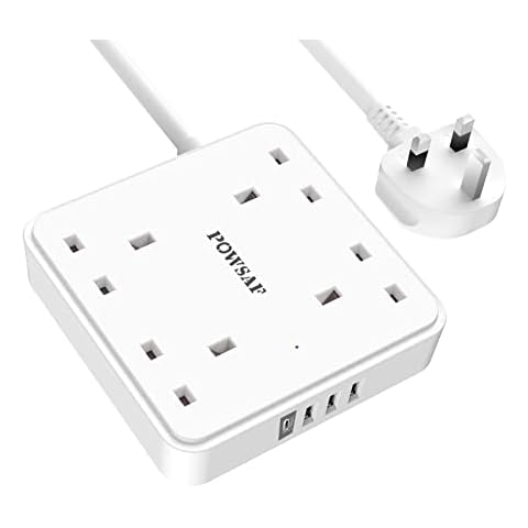 4 Way Extension Lead with 4 USB Slots (3.4A, 1 Type C and 3 USB-A Ports) ,POWSAF Power Strip Extension Cord with 4 Plug Extension Socket and 2M Extension Cable for Home Office Travel,White Cover