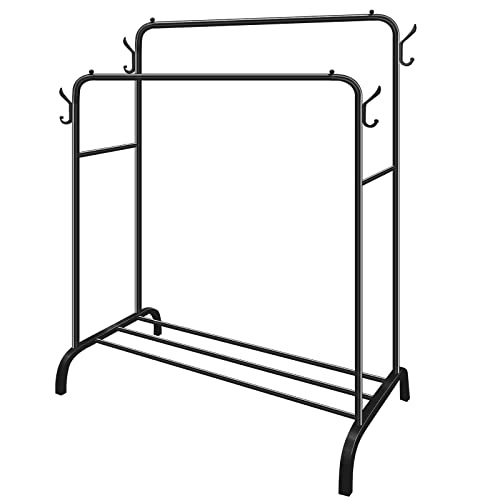 Metall Kleiderstange kleiderständer stabil,Doppelstange Strapazierfähig mit 1 Etagen-Ablagefläche und 4 seitlichen Haken,Freistehender...