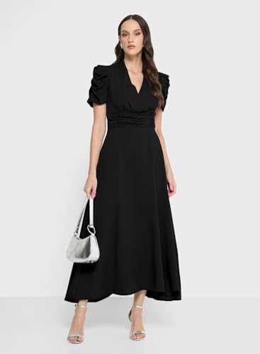 Image of Sugathari Women Women's V-Neck Maxi Dress, A-Line Style, Puff Sleeves, Cinched Waist 246