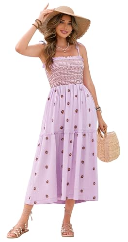 Image of R.Vivimos Womens Summer Cotton Boho Midi Dress 2026 Spaghetti Strap Floral Embroidered Smocked Tiered Flowy Long Dresses