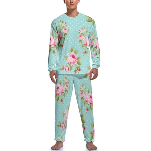 Rose Flowers Men's 2 Piece Pajamas Sets Long Sleeve T-Shirt and Pants Pajama Lounge Set Sleepwear