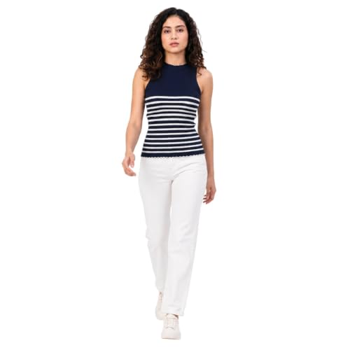 Image of Kalt Womens Knitted, Ribbed Cotton Fitted Sleeveless Round Neck Cami Tank Top
