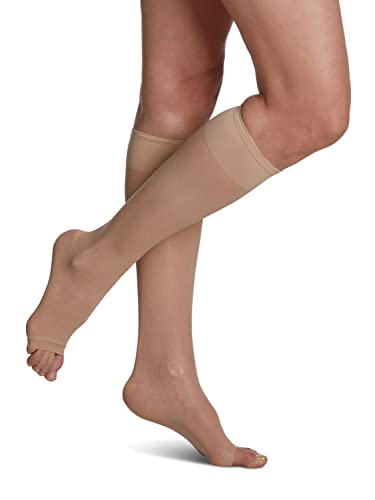 Image of SIGVARIS Women's Sheer Fashion Open Toe Calf Height - 15-20mmHg Weight Compression Hose - Lightweight & Breathable in Soft Stretch Fabric for Comfortable Everyday Wear